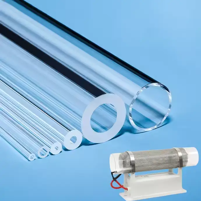 Assortment of clear high purity quartz tubes in various diameters, with an example of an assembled quartz ozone generator cell.