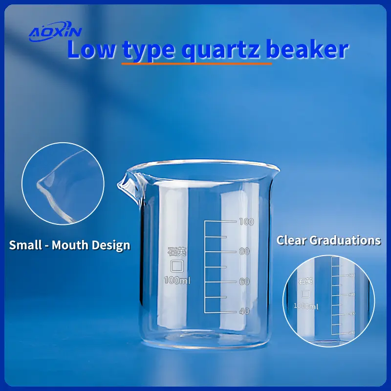 Low type clear quartz glass beaker with spout, featuring magnified details of spout design and clear graduations.