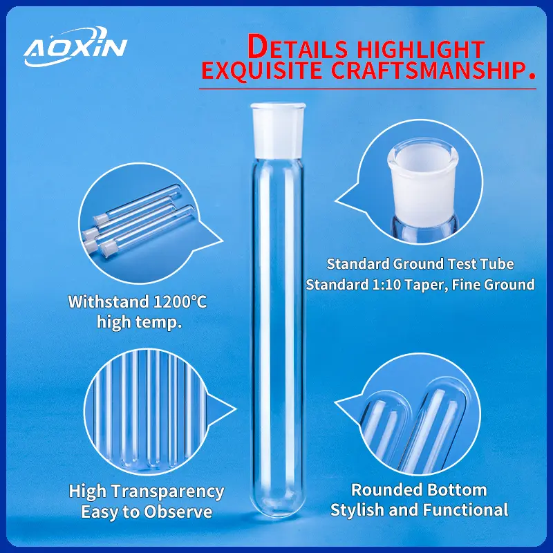 Detailed features of Aoxin Quartz reaction tubes: 1200°C high temp resistance, standard ground taper, high transparency, and rounded bottom