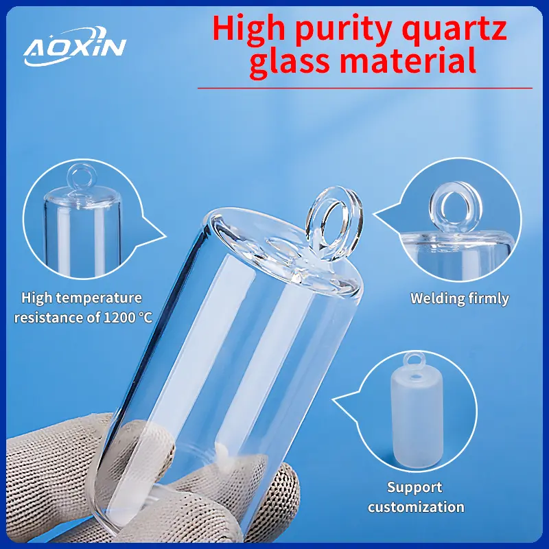 High purity clear quartz tube block held, highlighting hanging hook feature and customization.