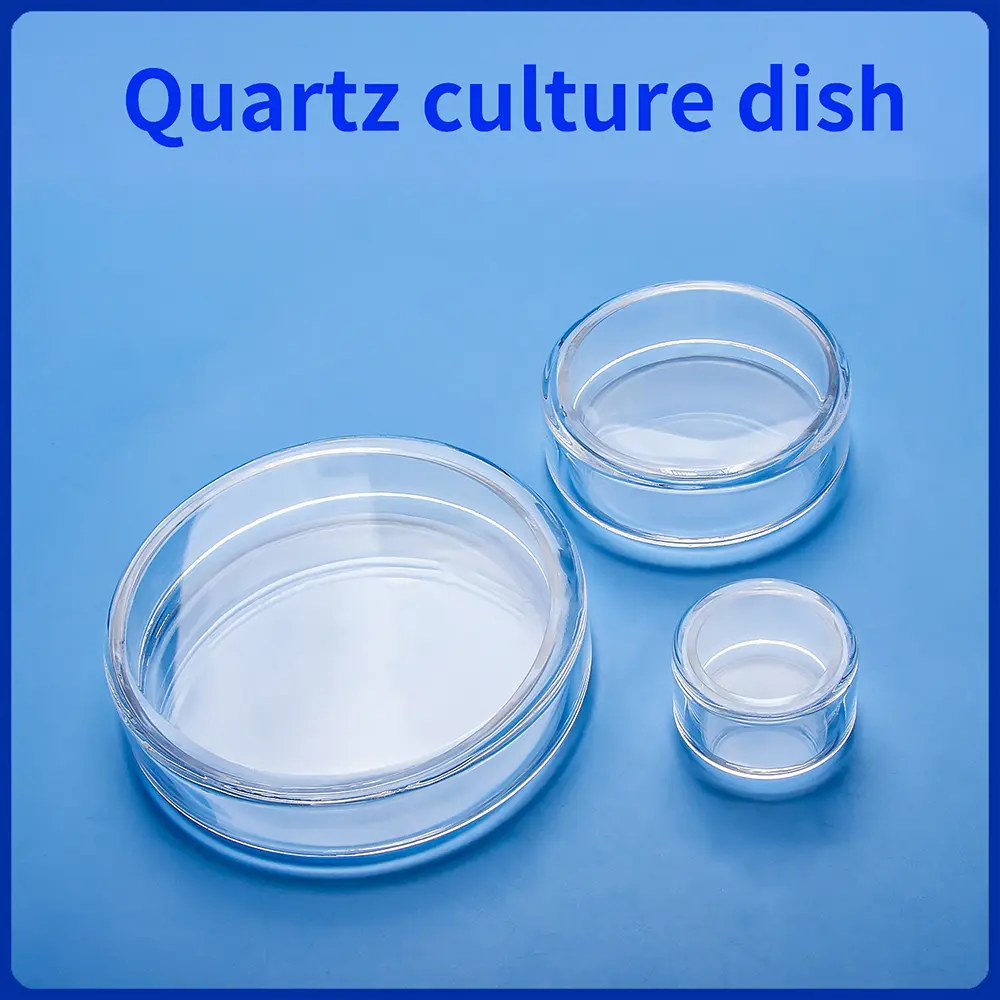 Three clear quartz glass petri dishes displayed in small, medium, and large sizes.