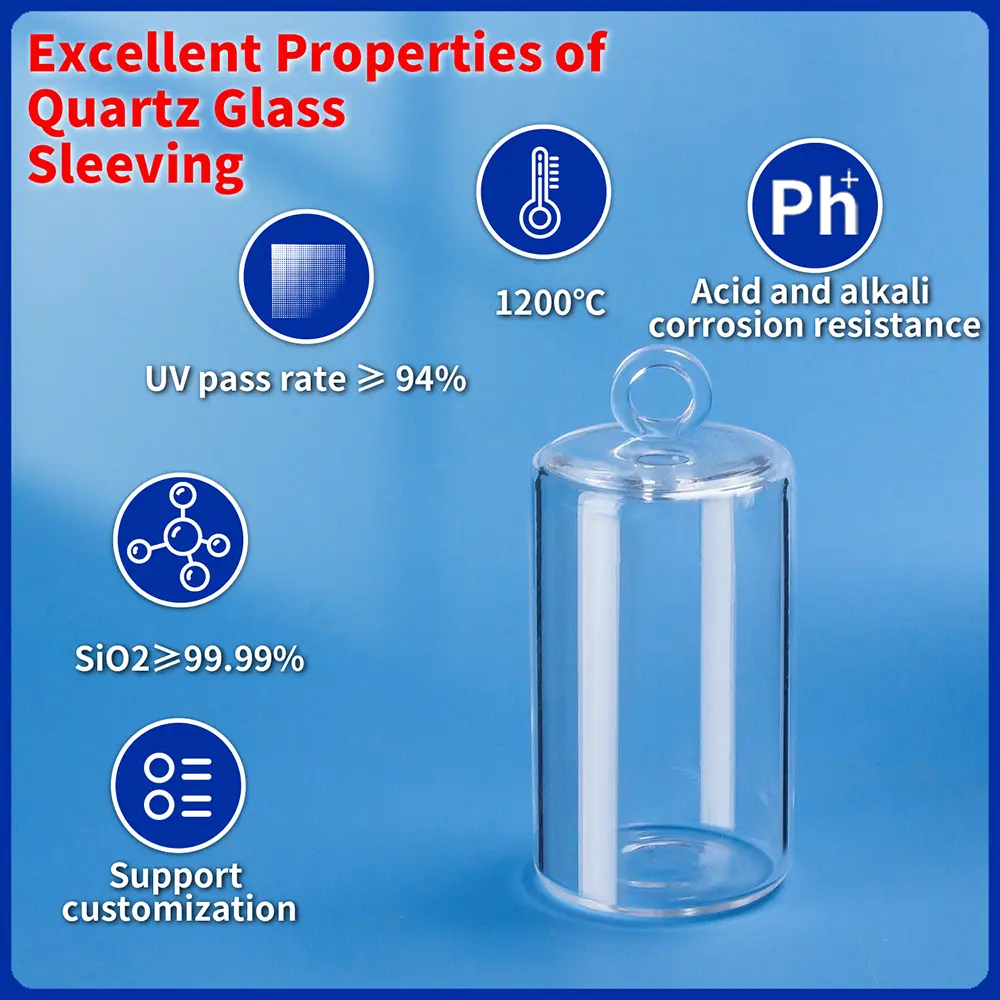 Clear quartz tube block showcasing excellent properties: high temperature and acid/alkali resistance, high SiO2 purity.