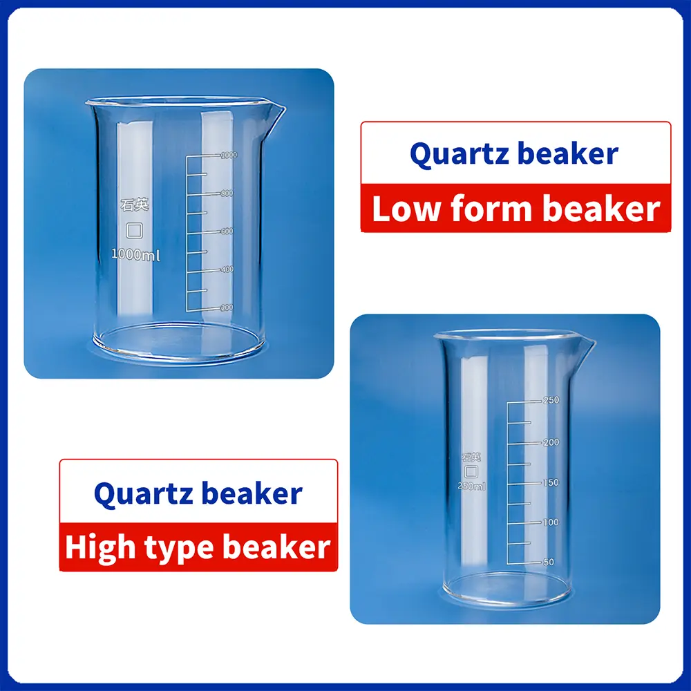 Comparison of low form and high type clear quartz glass beakers with graduations and spouts.