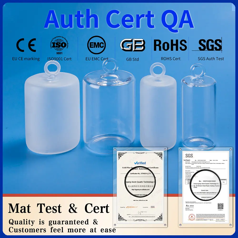 Clear and frosted quartz tube blocks displayed with quality assurance certifications like CE, RoHS, SGS.
