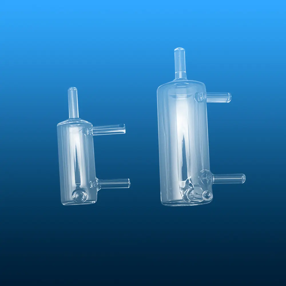 Two sizes of replacement clear quartz overflow vessels for Hach Amtax Compact II analyzers