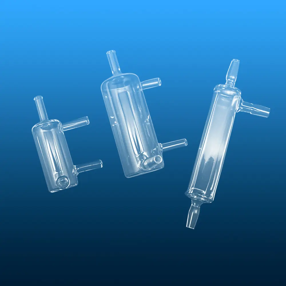 Various sizes of clear quartz overflow chambers compatible with Hach Amtax analyzers