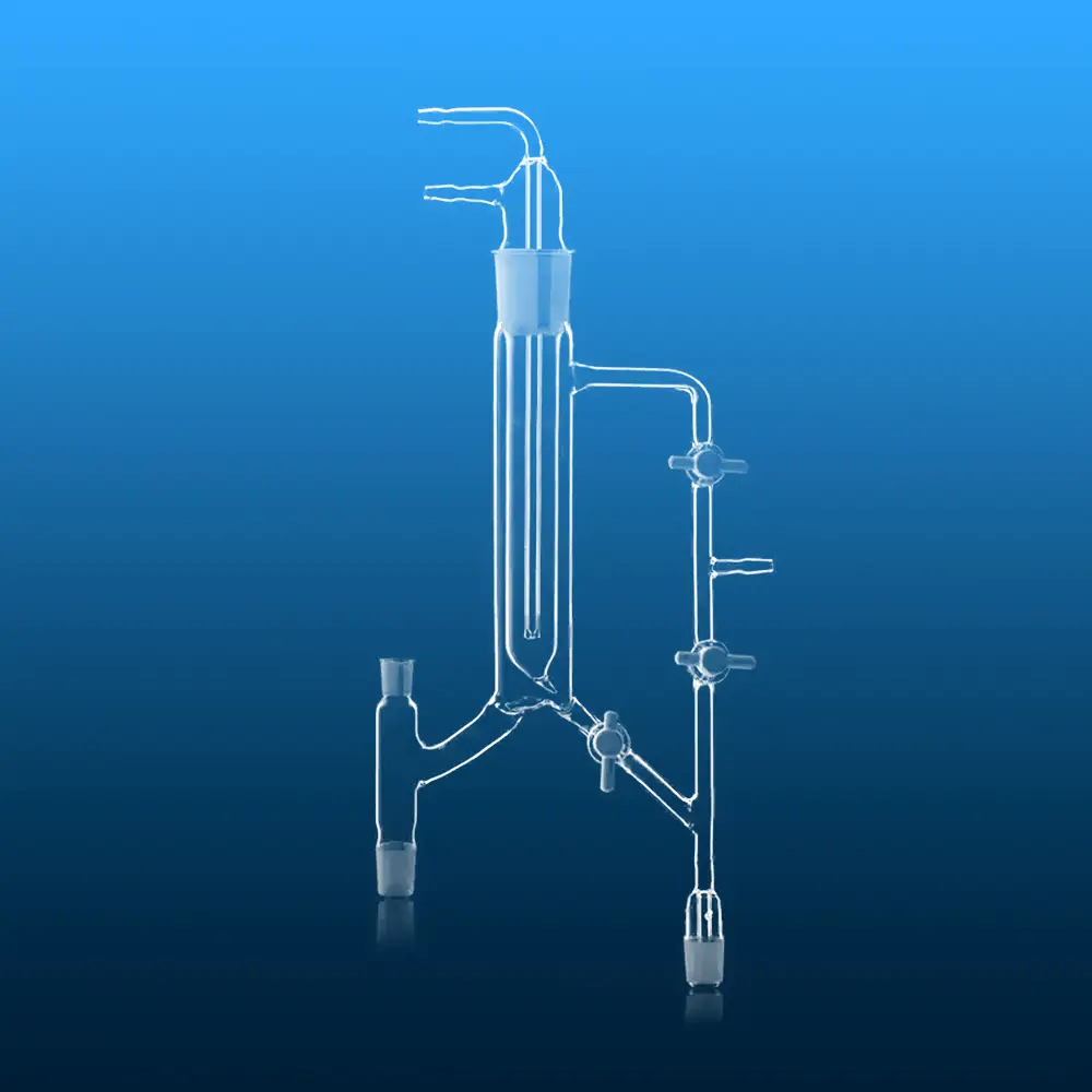 Clear quartz glass fractionating distillation head featuring an integral condenser, multiple ground glass joints, and several side stopcocks for fraction collection, with a magnified inset showing a PTFE stopcock detail.