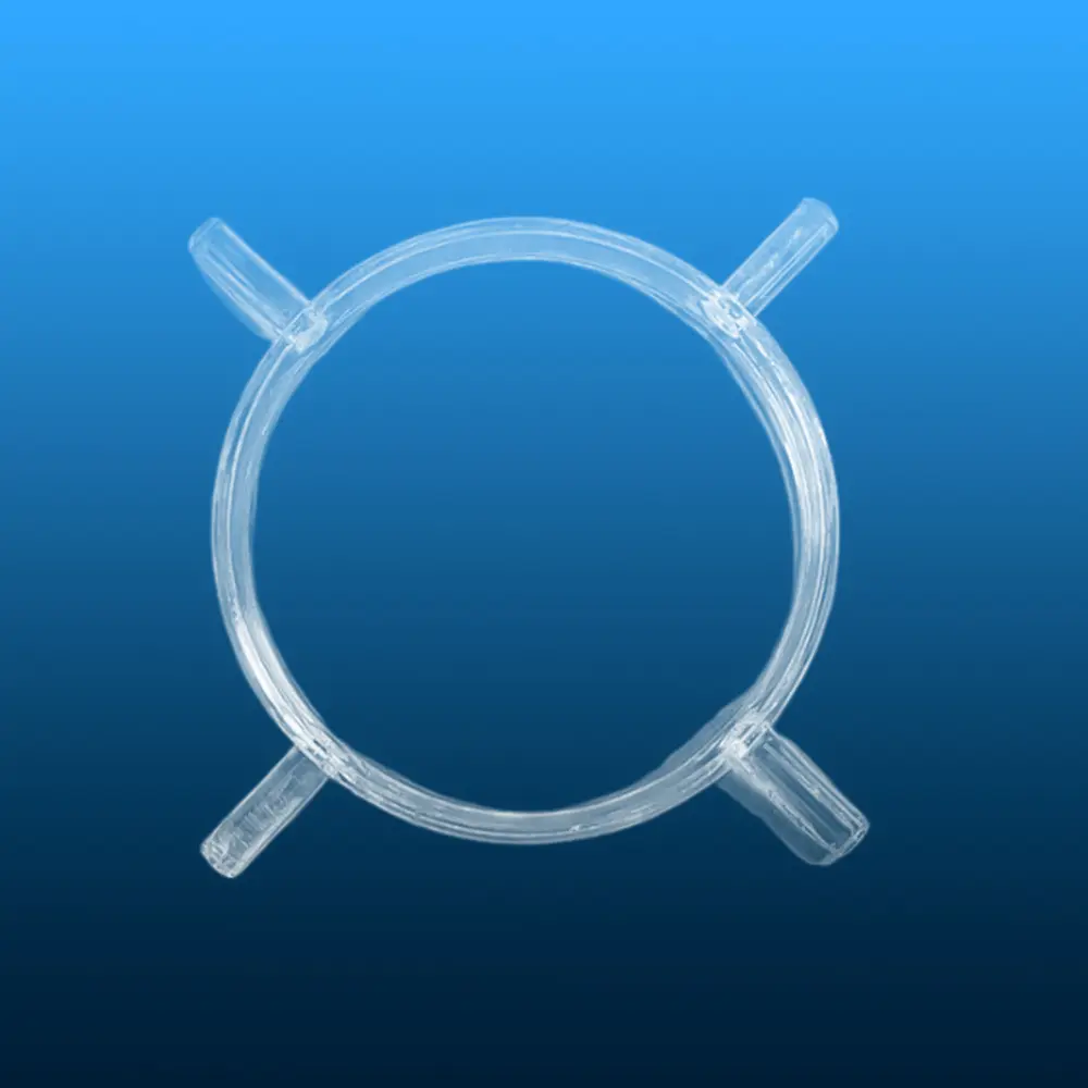 Top view of a clear quartz circular support stand or positioning ring with four legs for an electrolysis furnace