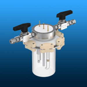 Assembled clear quartz full spectrum electrochemical cell with multi-port lid, valves, and internal electrodes