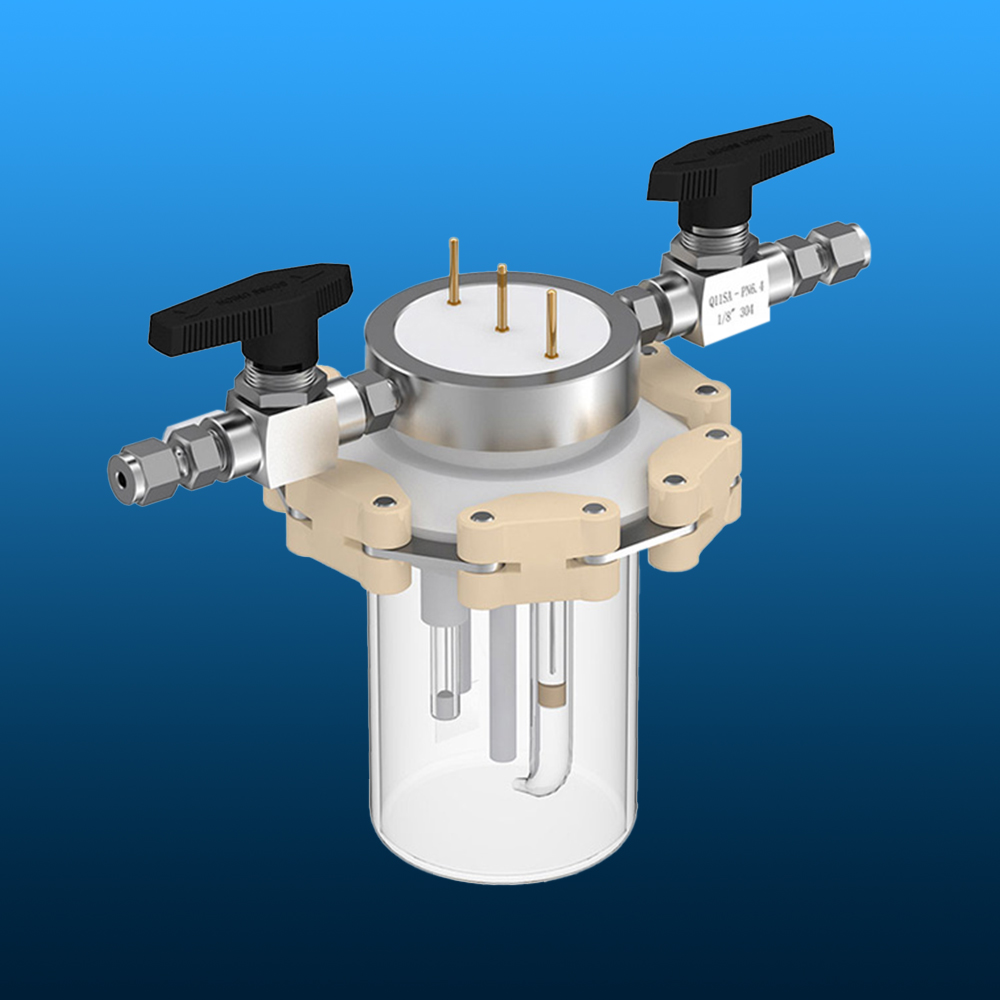 Assembled clear quartz full spectrum electrochemical cell with multi-port lid, valves, and internal electrodes