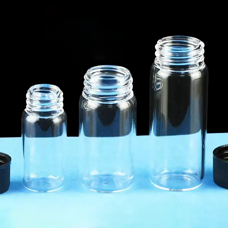 Three sizes of clear quartz glass vials displayed with corresponding black screw caps