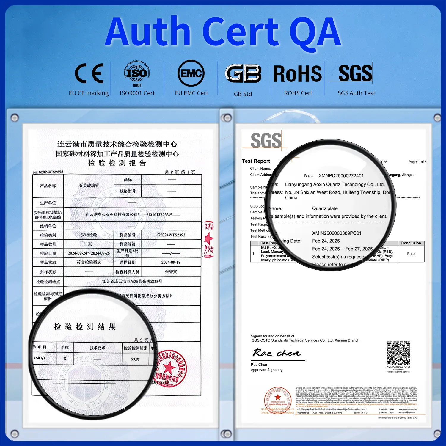 Aoxin Quartz sight glass quality assurance: CE, ISO, RoHS, SGS certifications and material test reports