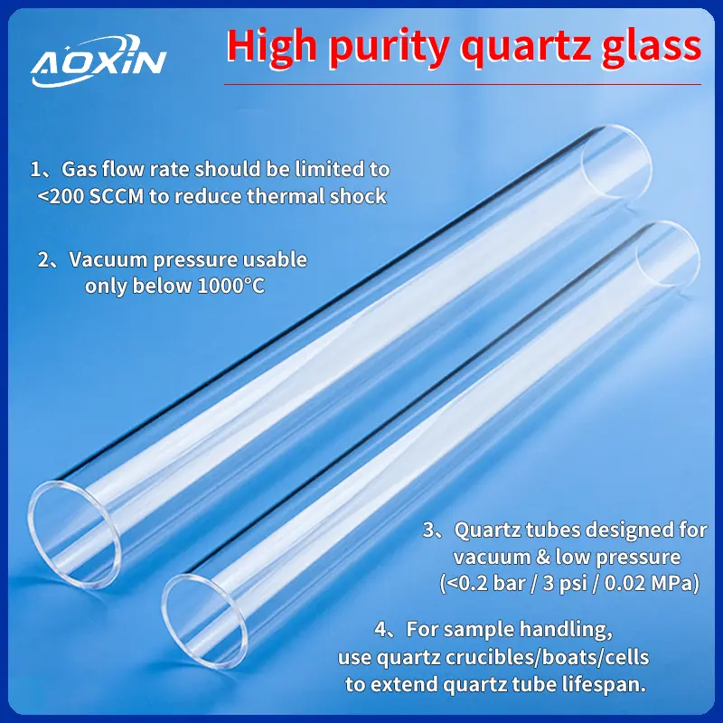 High purity clear quartz glass tubes for furnaces, with text highlighting operational guidelines for gas flow, vacuum pressure, and sample handling.