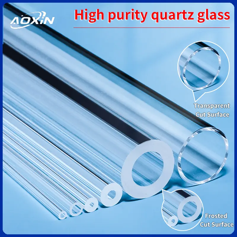 Assortment of high purity clear quartz glass tubes in various diameters, with close-ups highlighting transparent and frosted cut surface options.