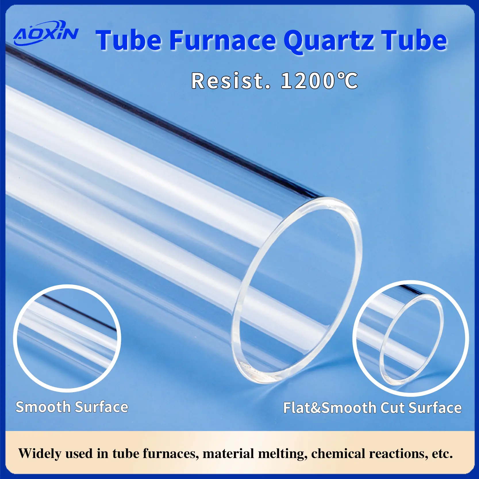 ube furnace quartz tube, heat resistant to 1200°C, featuring close-ups of smooth surface and flat cut end, suitable for material melting and chemical reactions.