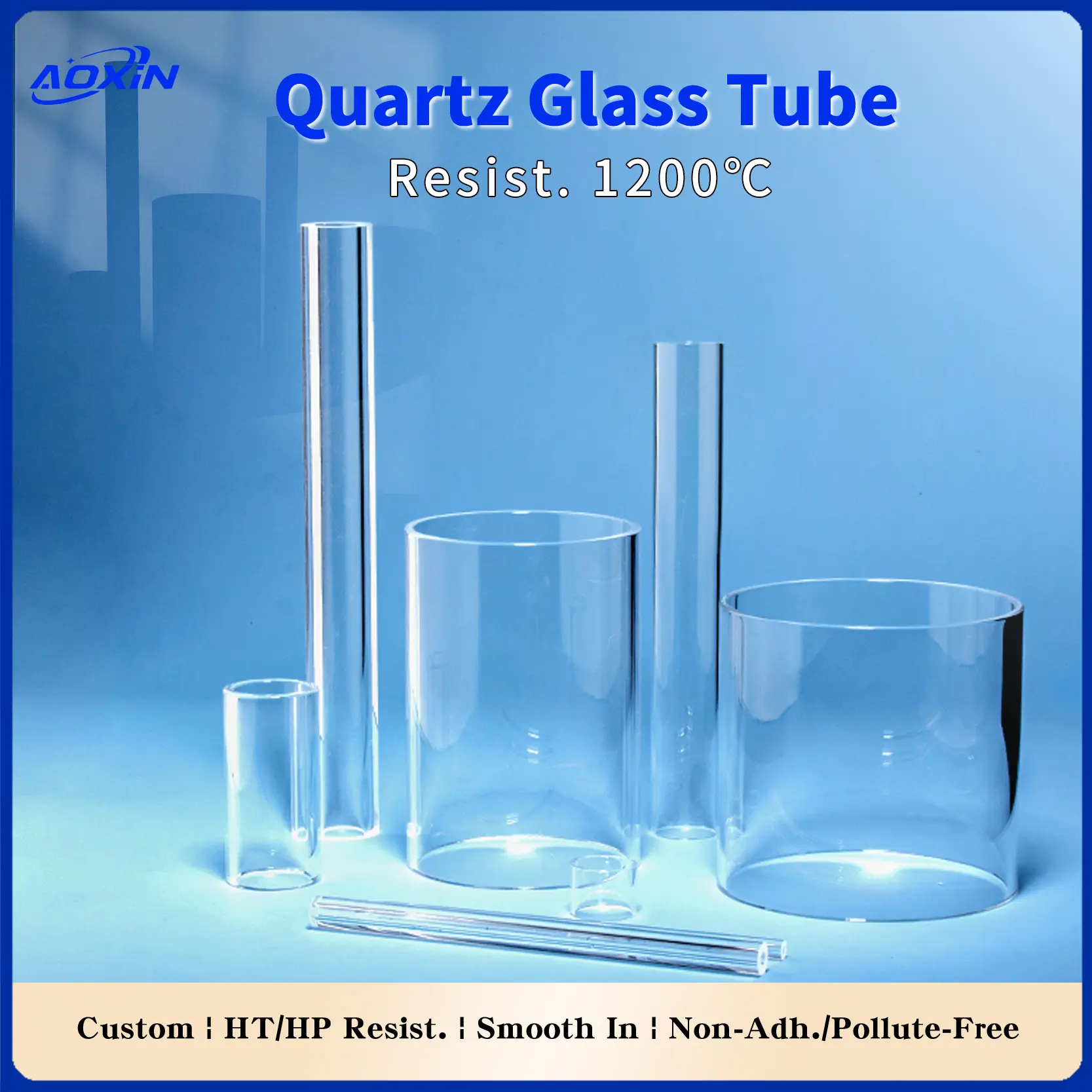 Various custom-sized clear quartz glass tubes and cylinders, heat resistant to 1200°C, suitable for high purity applications.