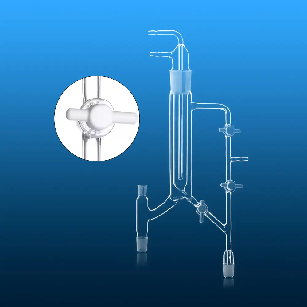 Aoxin quartz distillation apparatus with close-up detail of a PTFE stopcock and ground glass joints