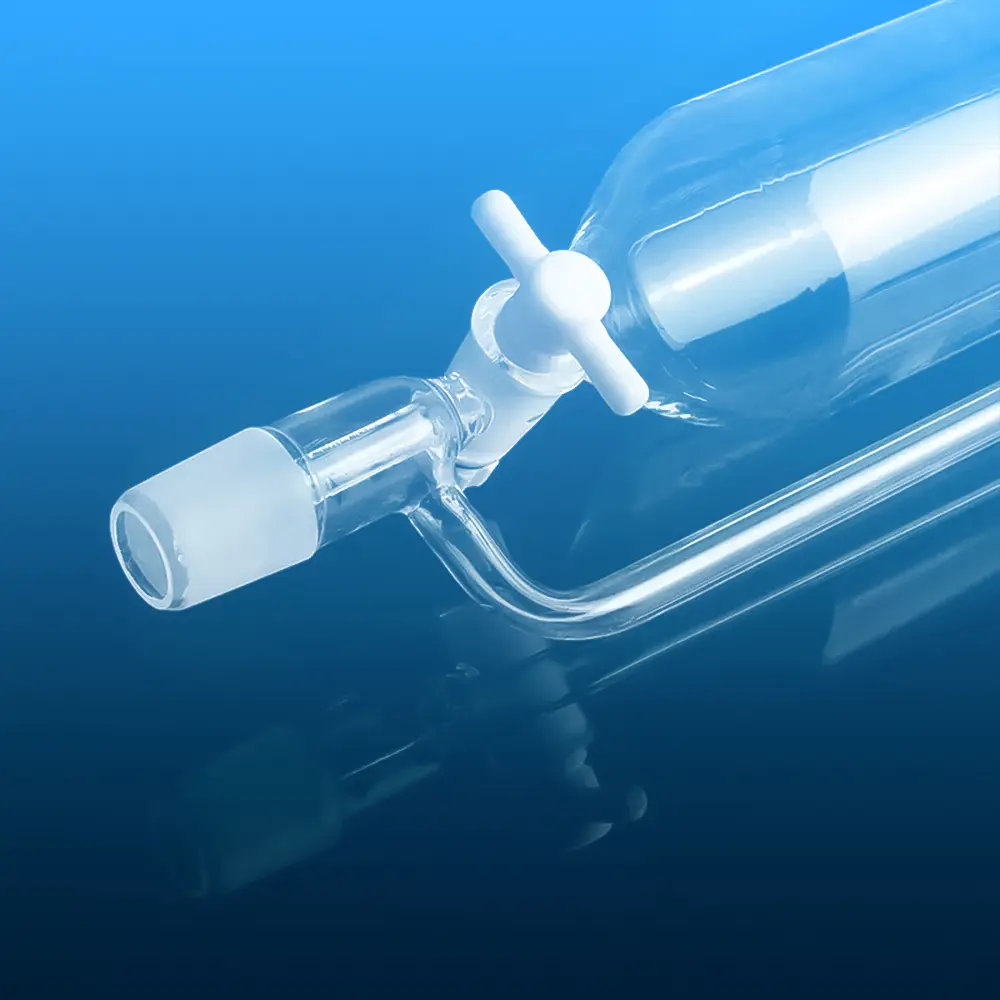 Close-up of PTFE stopcock and ground glass joint on Aoxin Quartz dropping/separatory funnel