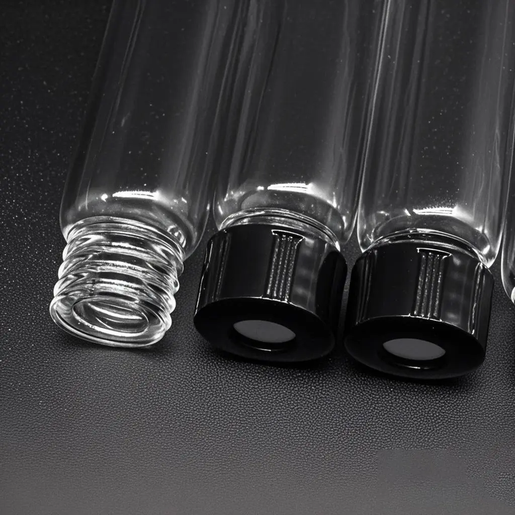 Close-up of screw thread necks and black caps with liners on clear round bottom quartz vials
