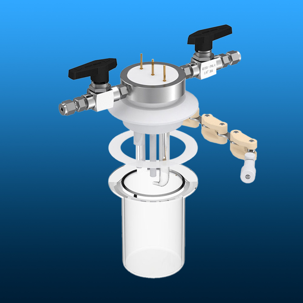 Exploded view of a quartz full spectrum electrochemical cell, showing glass vessel, sealing ring, lid assembly, and top plate with valves and electrode ports