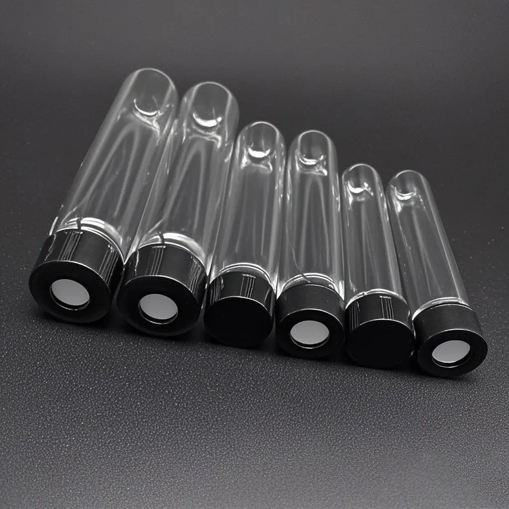 Multiple clear round bottom quartz screw cap vials/test tubes arranged by size
