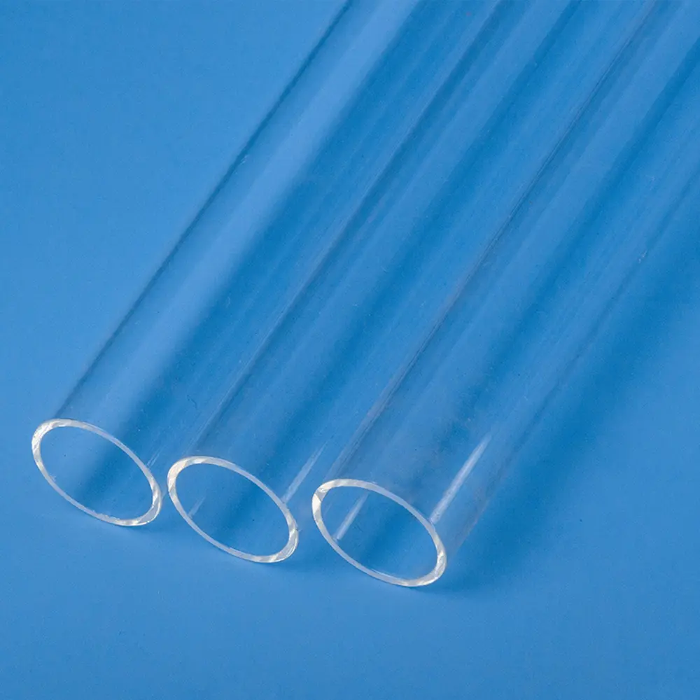 Three clear quartz combustion tubes of varying diameters, focusing on the open ends.