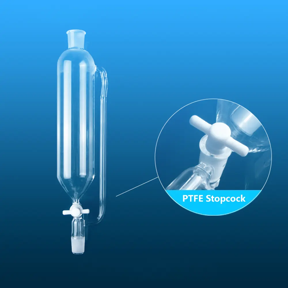 Aoxin Quartz dropping funnel with detailed view of PTFE stopcock and pressure equalizing side arm