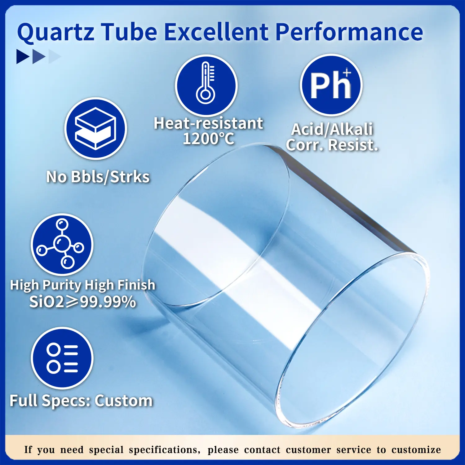 Promotional image of a high purity quartz glass tube showcasing excellent performance features like heat (1200°C), acid/alkali resistance, and SiO2>99.99% purity.
