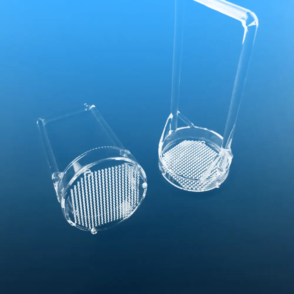 Set of two clear quartz wafer cleaning baskets with integrated long handles and fine mesh perforated bases