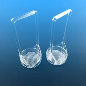 Pair of clear quartz wafer cleaning baskets with long handles and perforated bottoms