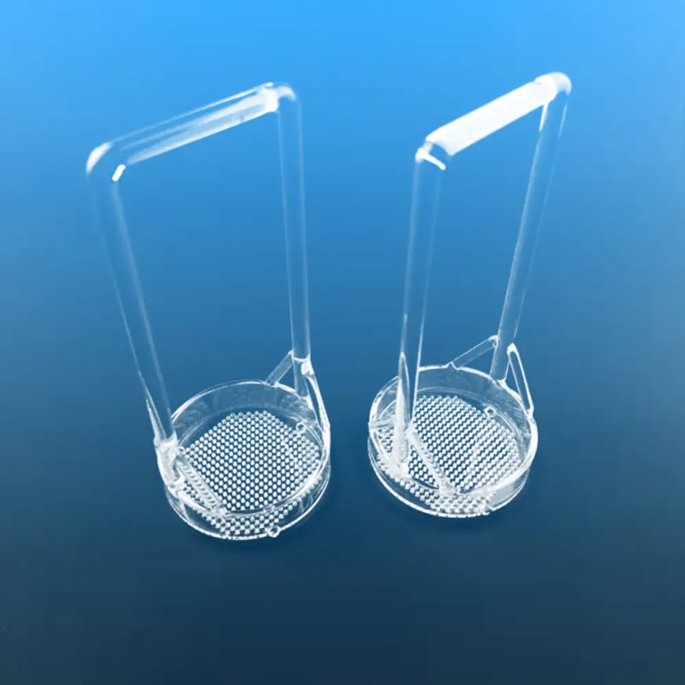 Pair of clear quartz wafer cleaning baskets with long handles and perforated bottoms