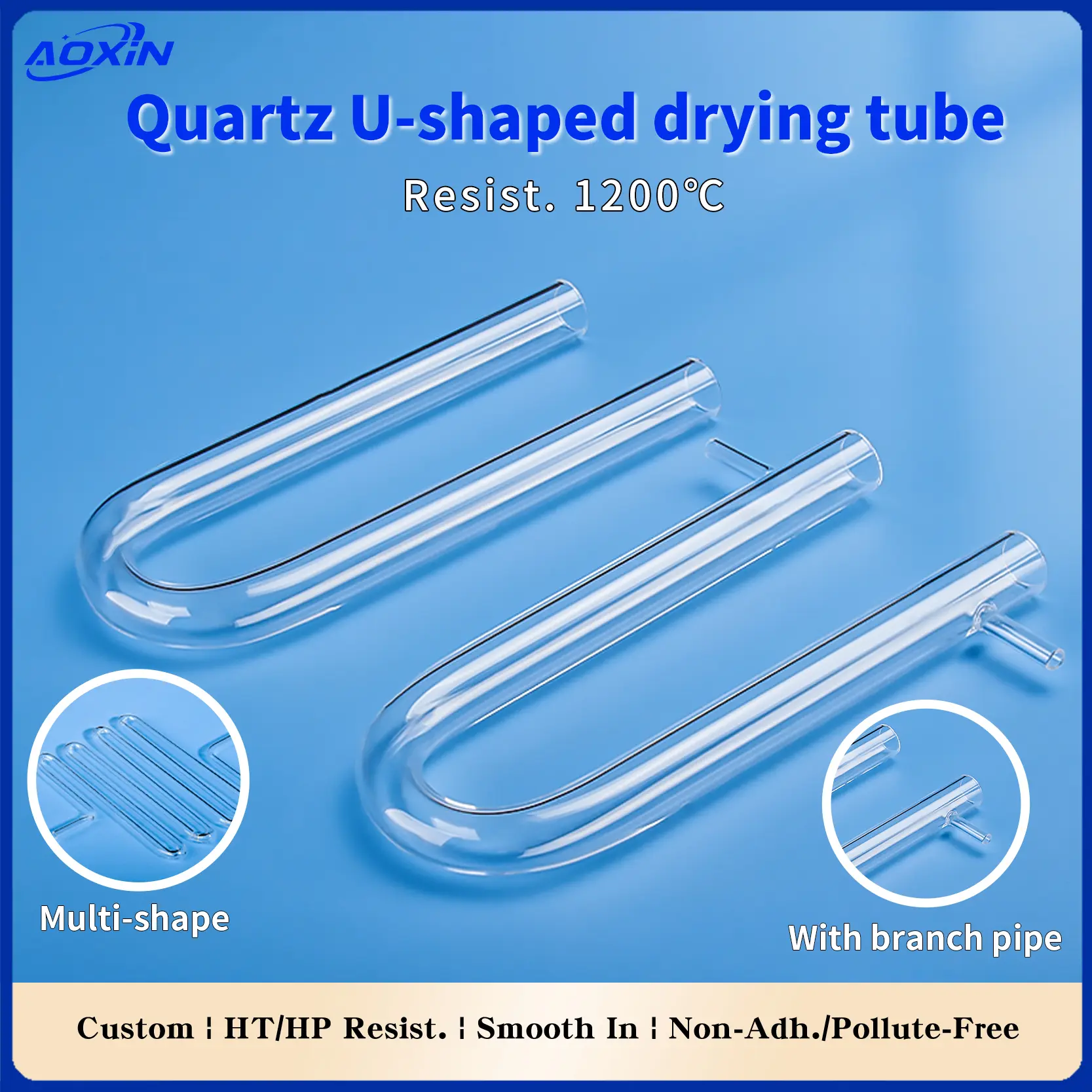 Aoxin Quartz U-shaped drying tubes, multi-shape options including with branch pipe, 1200°C resistant, custom features
