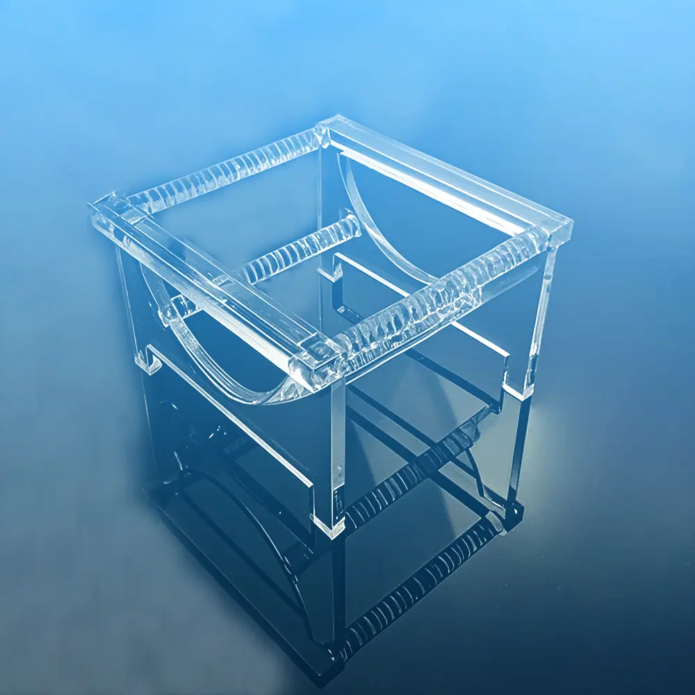 Front-angle view of a clear quartz wafer processing rack with multiple slots for silicon wafers
