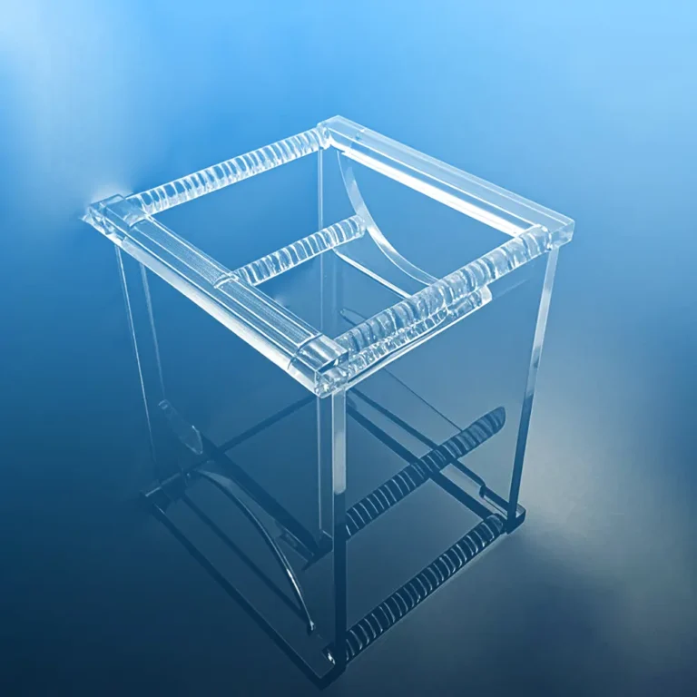 Front-angle view of a clear quartz wafer processing rack with multiple slots for silicon wafers