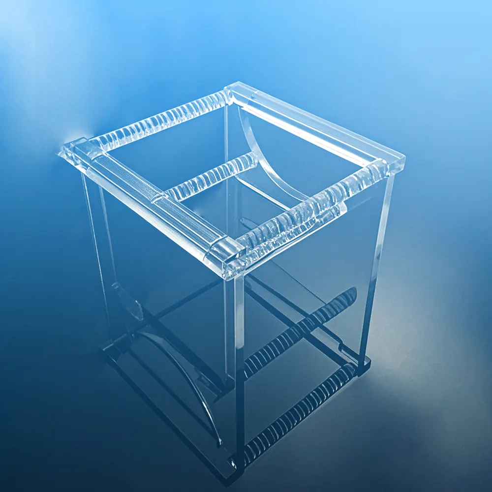 Front-angle view of a clear quartz wafer processing rack with multiple slots for silicon wafers