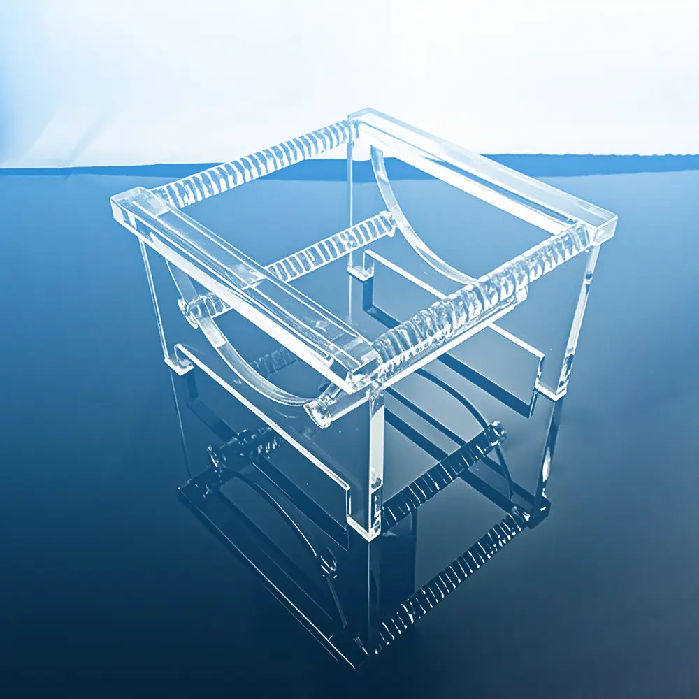 Angled side view of a clear slotted quartz wafer cleaning rack for semiconductor processing