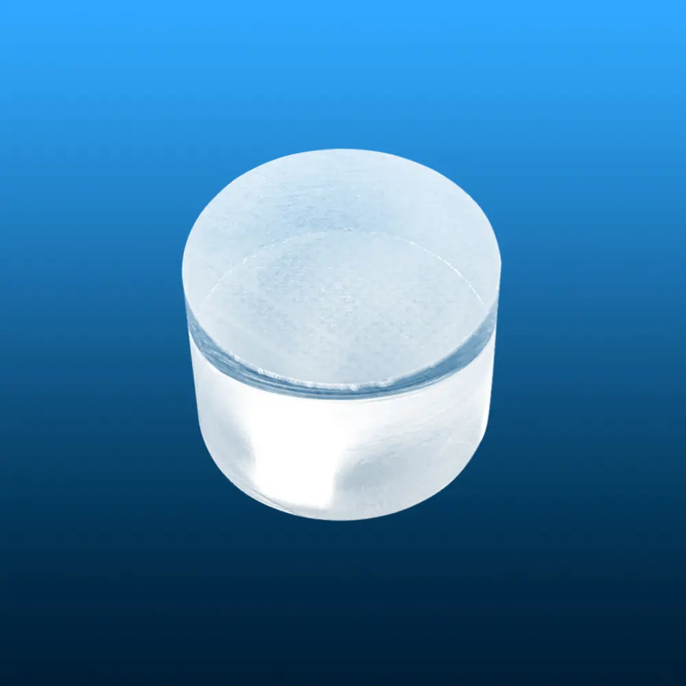 Front view of a clear, cylindrical high purity quartz sealing plug for 20mm OD tubes.