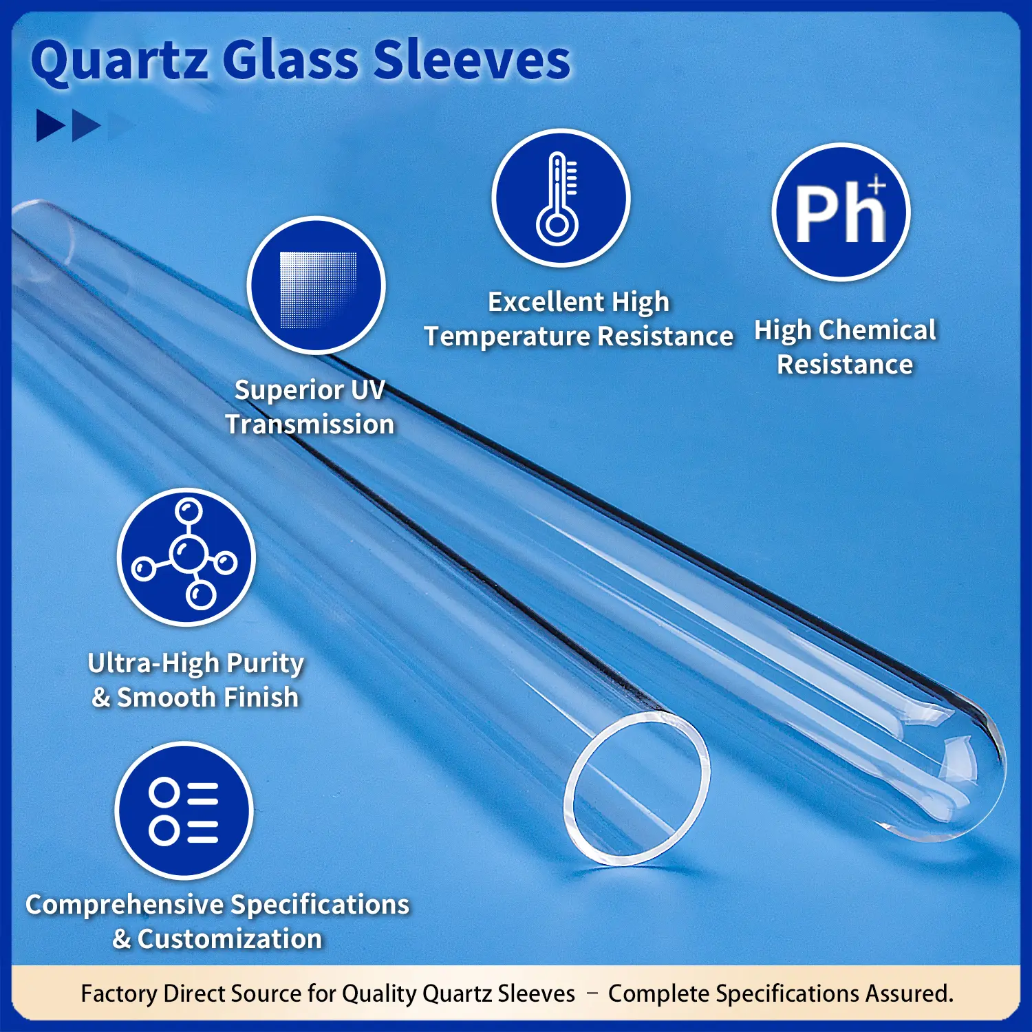 Features of Aoxin quartz glass sleeves: superior UV transmission, high temp/chemical resistance, ultra-high purity, smooth finish, full customization