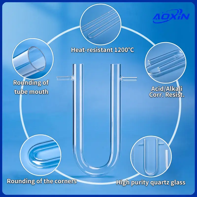 Aoxin Quartz U-tube with side arms, highlighting heat/acid/alkali resistance, rounded mouth/corners, and high purity