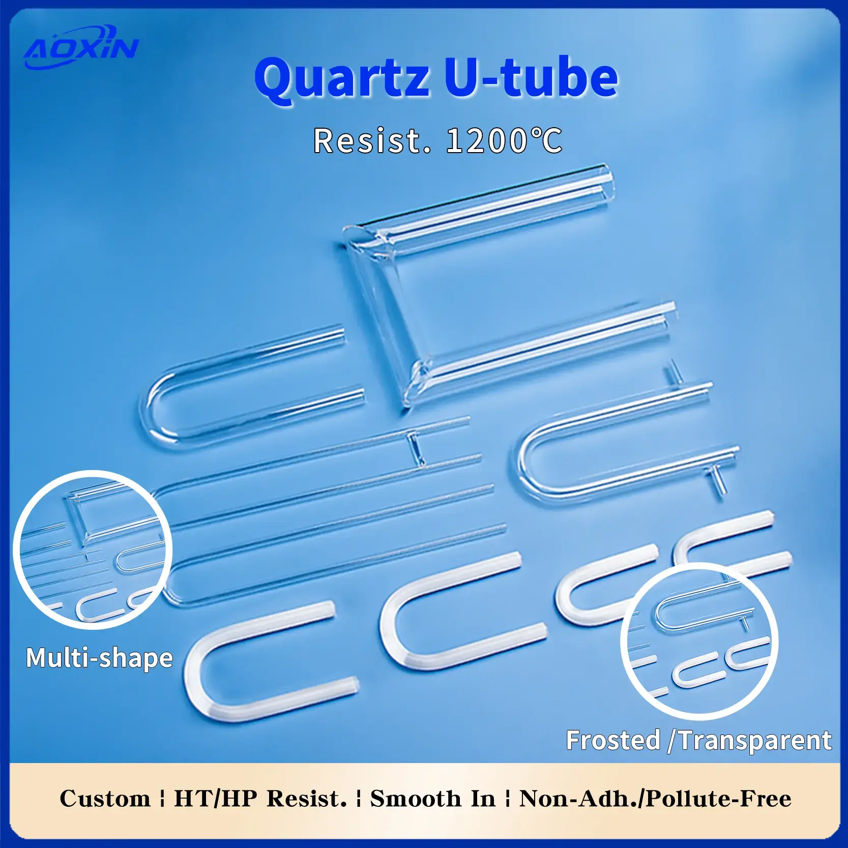 Aoxin Quartz U-tubes, various shapes, frosted and transparent options, 1200°C resistant, custom features