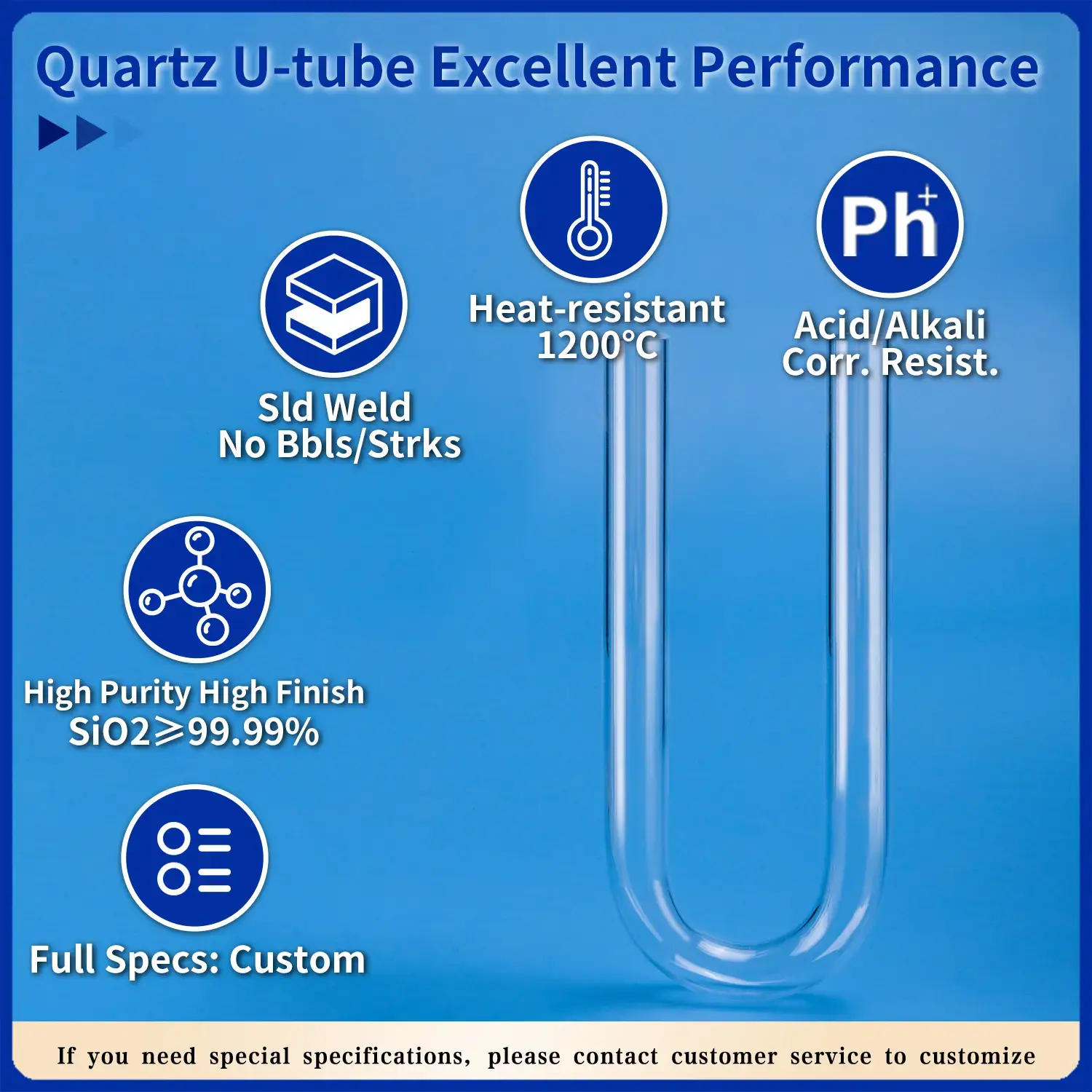 Performance of Aoxin Quartz U-tube: 1200°C heat/acid/alkali resistant, high purity/finish, solid weld, custom specs