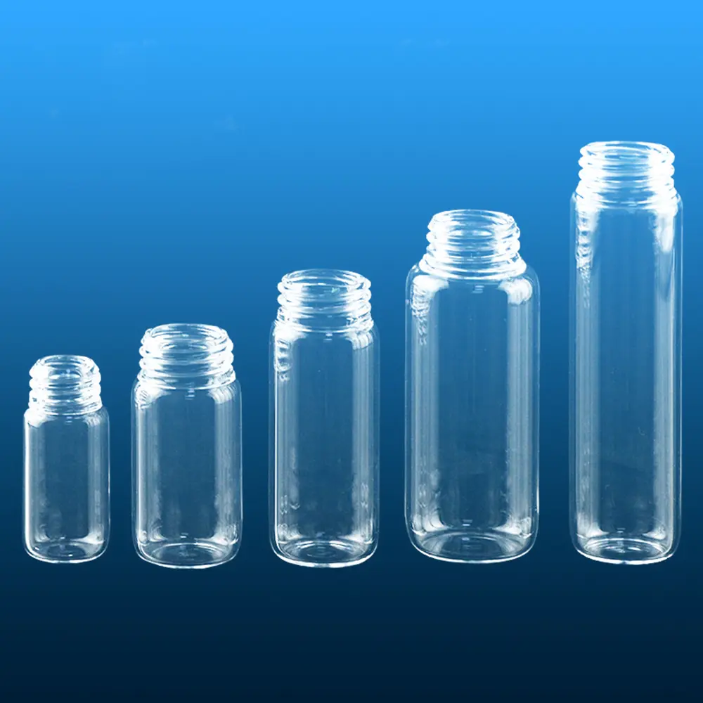 Range of clear quartz glass screw thread sampling vials shown in various sizes