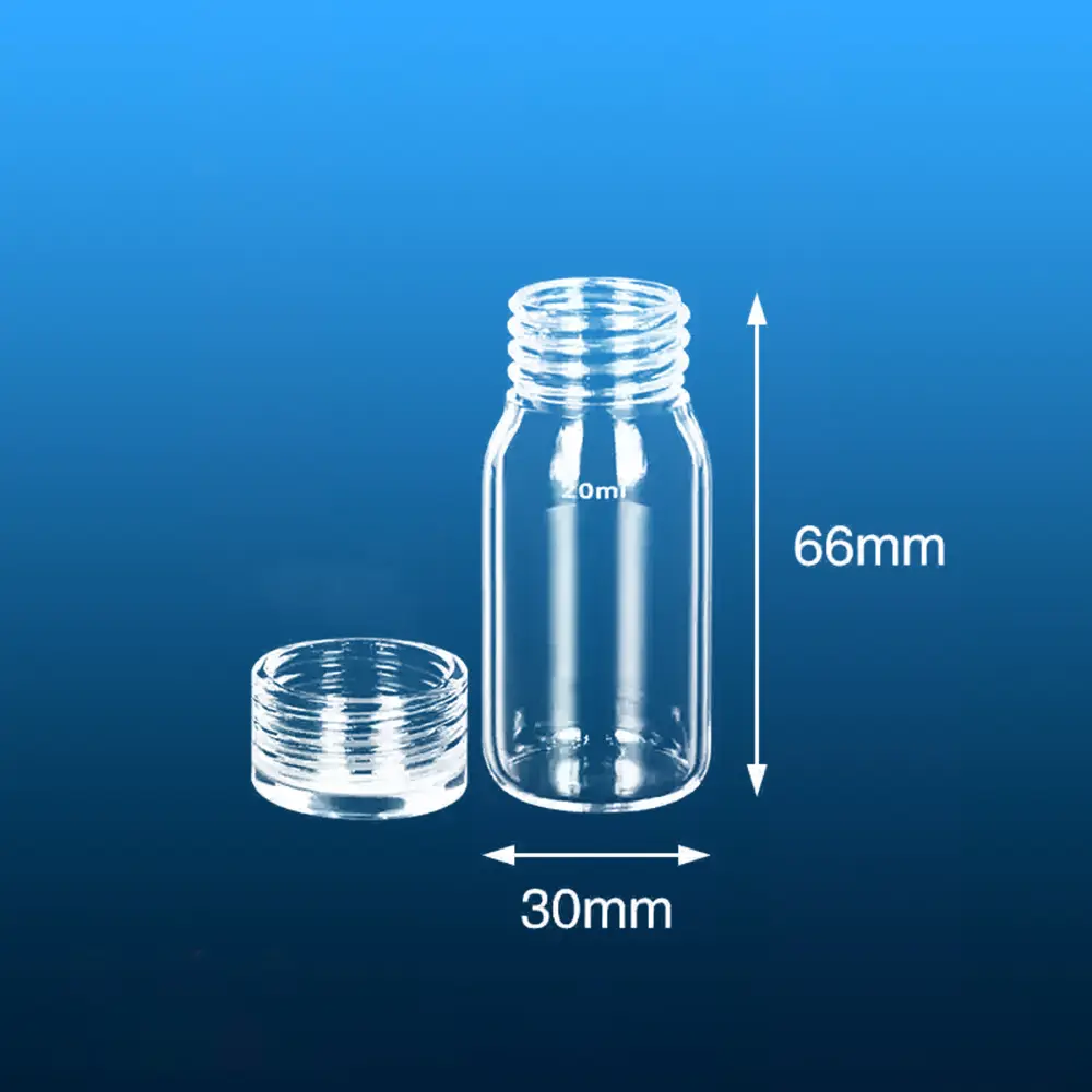 Clear quartz glass screw top vial with cap, dimensions indicated: 66mm height, 30mm diameter