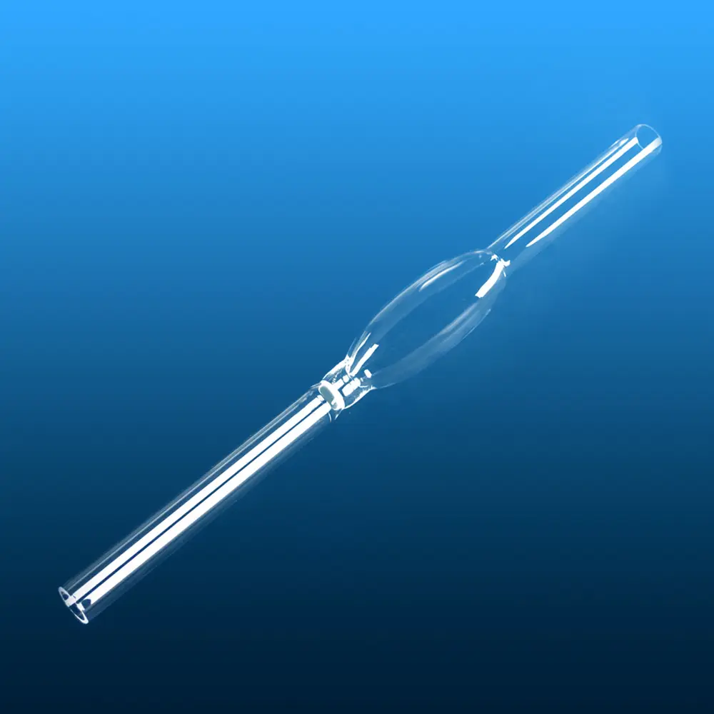 Clear quartz process tube with an integrated fritted disc, designed for vertical tube furnaces.