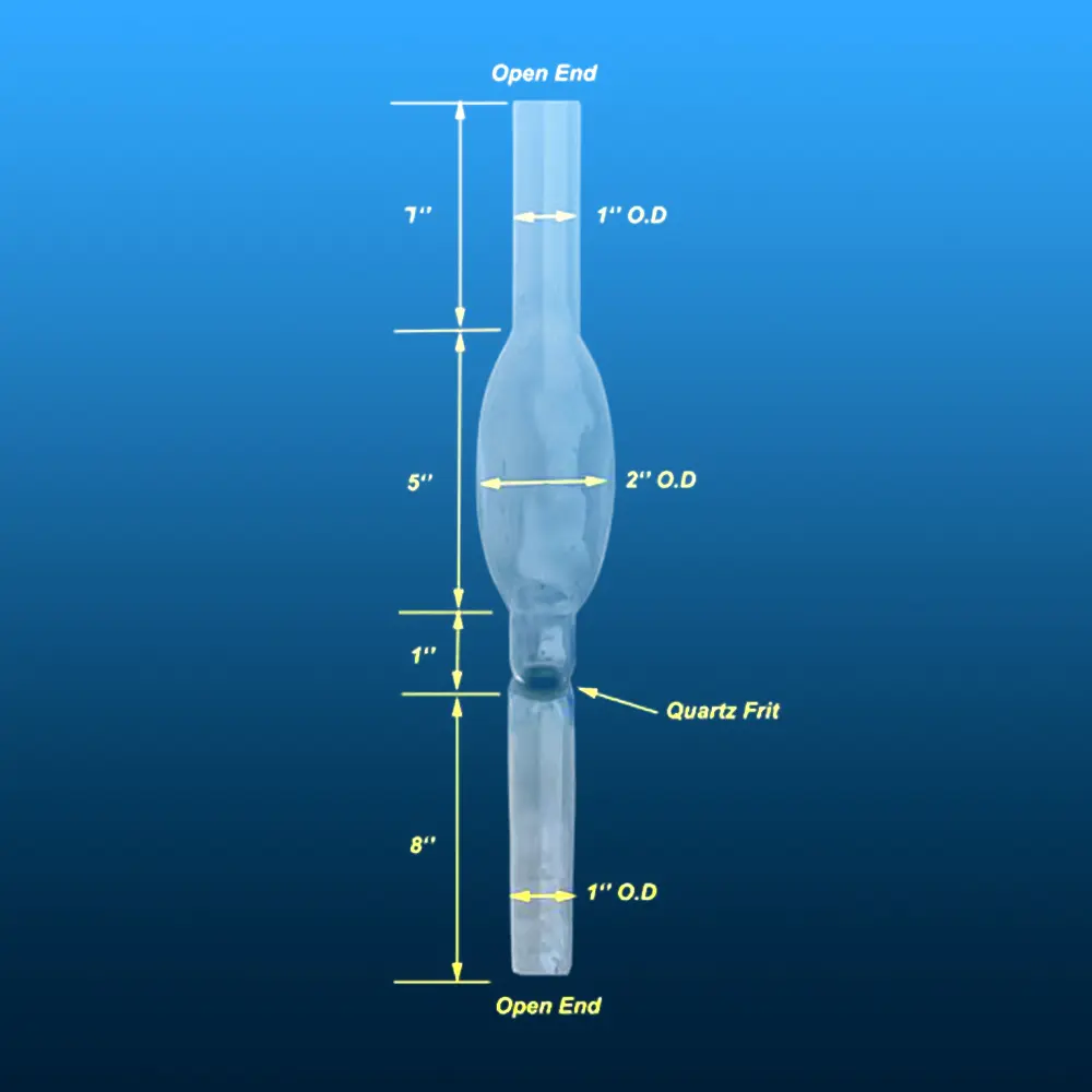 Dimensional drawing of Aoxin quartz process tube with fritted disc, showing O.D. and lengths