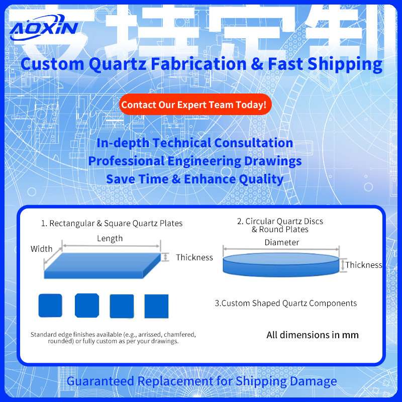 Aoxin custom quartz fabrication: rectangular/square plates, circular discs, custom shapes with technical consultation and fast shipping