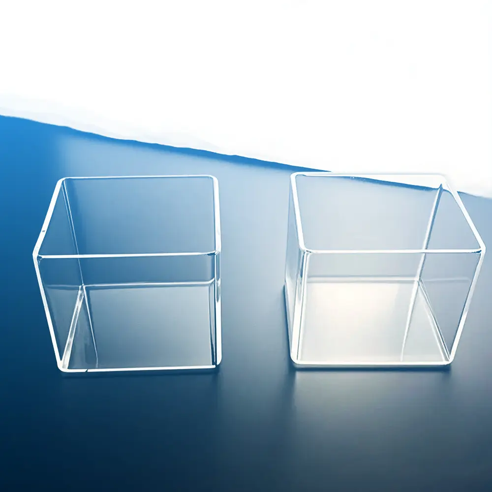Pair of empty clear square quartz wafer cleaning tanks (processing baths)