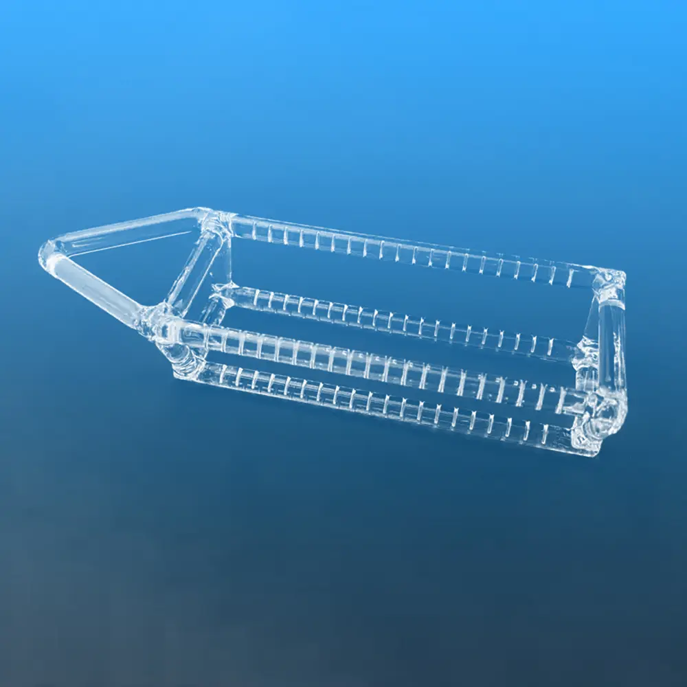Clear quartz slotted boat with ergonomic handle, designed for high-temperature silicon wafer annealing