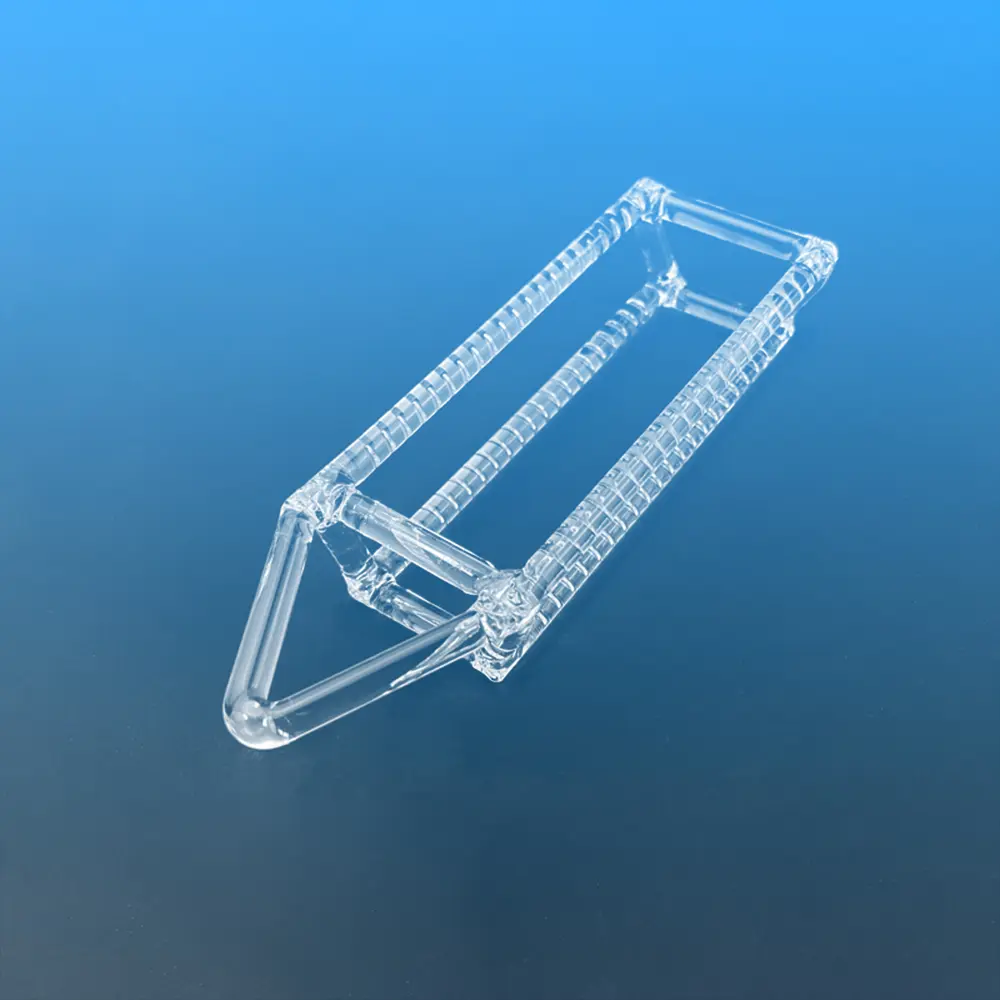 Clear quartz slotted boat with ergonomic handle, designed for high-temperature silicon wafer annealing