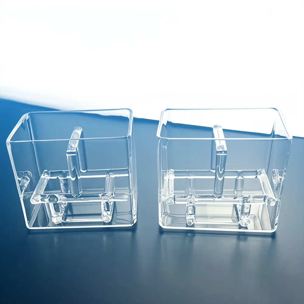 Clear quartz wafer cleaning tank and its removable inner slotted rack with handle, displayed separately